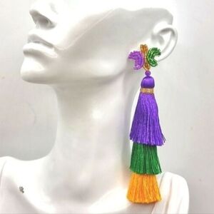 Mardi Gras Tassel Earrings Tiered Purple Green Gold | New